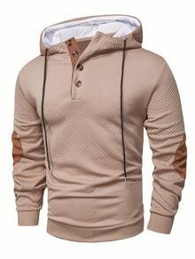 Manfinity Homme 男士撞色半开襟休闲抽绳连帽衫，秋季款，长袖上衣 - 卡其色 - 查看 3