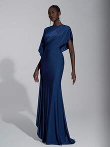 Elitara Elegant Luxurious Navy Blue Satin Ruffle Sleeve Sexy Slit Fishtail Bridesmaid Dress