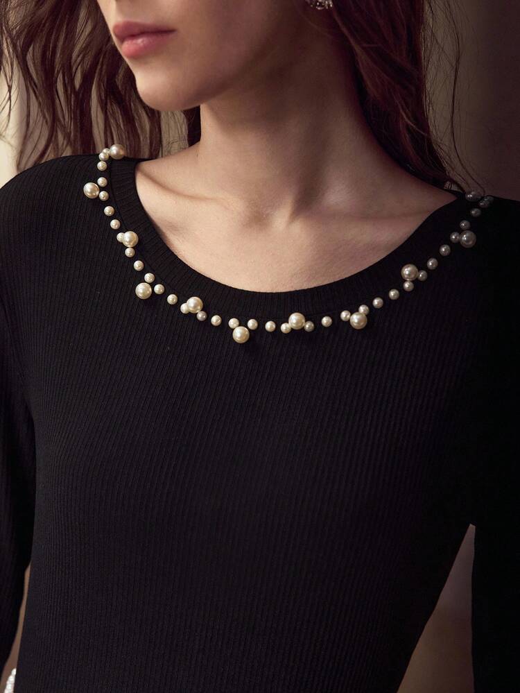 FAUX PEARL DECOR ELEGANT CASUAL DAILY COMMUTE T-SHIRT