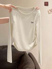 SHEIN Modisches minimalistisches Damen Langarm T-Shirt mit Schleifen-Stickerei, Geschenk für Freunde