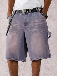Manfinity EMRG Quần short denim rộng rãi giặt thường ngày cho nam - Màu tím - Xem 5