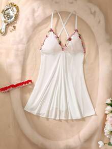 SHEIN 2 件套女士性感网眼碎花睡袍套装，适合外出穿着 - 紅白色 - 查看 6