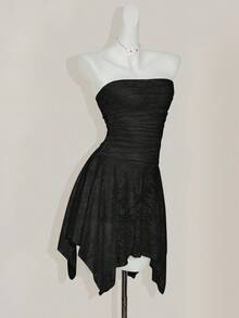 SHEIN ICON Lace Ruched Asymmetrical Hem Bandeau Mini Dress,Dresses For Women Party - Black - View 9