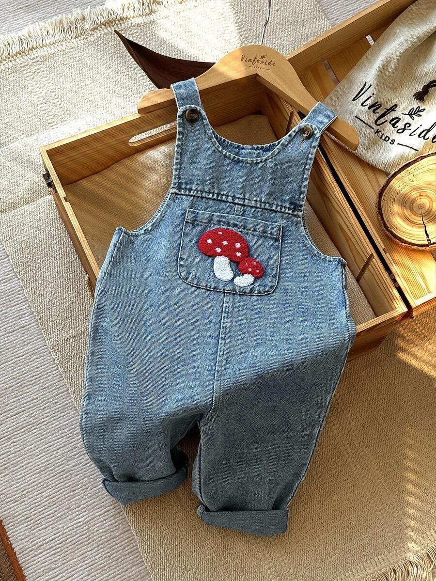 Vintaside Kids Baby Girl Sleeveless Fashionable & Simple Western-Style Towel Embroidered Washed Denim Jumpsuit, Comfortable For Camping And Home Wear, Suitable For Autumn Season - Baby Blue - View 1