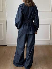 DAZY Women's Waist Cinched Back Tie Loose Denim Shirt And Wide Leg Jeans Casual Denim Suit - Dark Wash - View 4