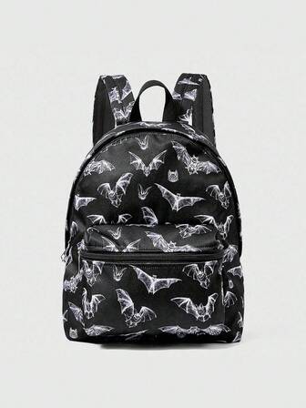 Gothic Bat Print Vintage Backpack, Large Capacity Commuter Bag, Suitable For Halloween