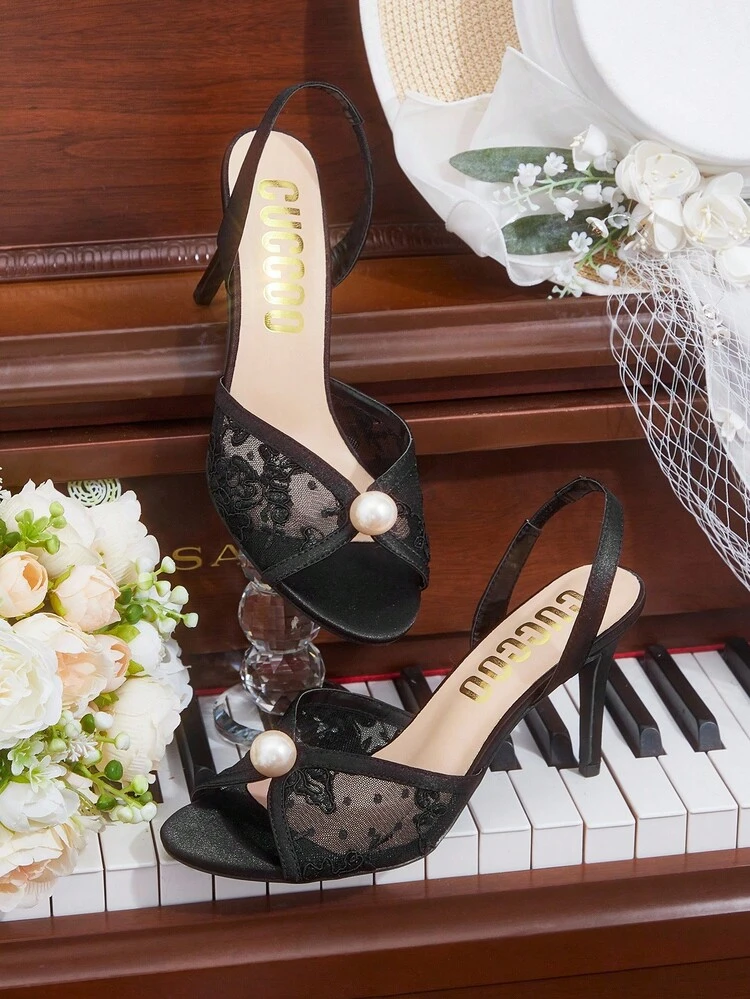 CUCCOO HITCHD Women's Black Peep Toe Stiletto Heel Lace Mesh Faux Pearl Elegant Wedding Party High Heel Sandals For Christmas Elegant Shoes Wedding Shoes Summer Shoes Bride Shoes
