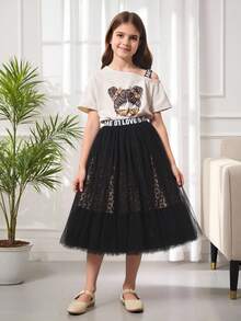 少女图案不对称领口 T 恤和豹纹网眼覆盖裙 - 彩色 - 查看 3