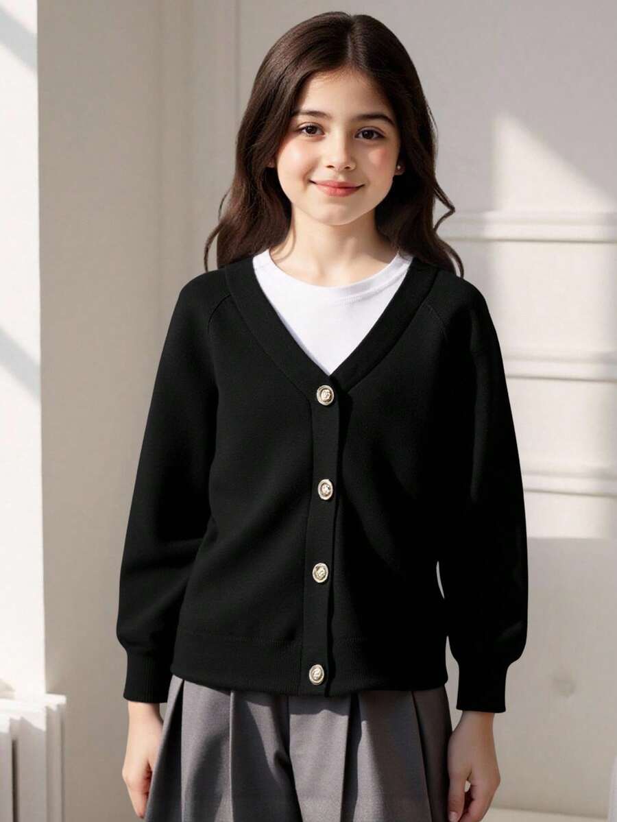 SHEIN 孩童女v領釦前羊毛衫 - 黑色 - 查看 1