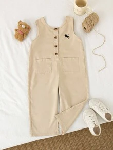 Genkimix Kids 1 件年轻女孩卡其色刺绣宽松连体裤，前口袋，V 领设计，休闲时尚，春秋 - 杏色 - 查看 4