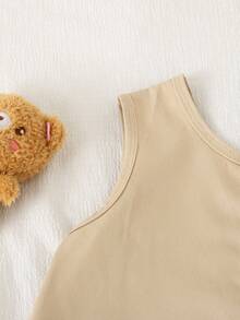 Genkimix Kids 1 件年轻女孩卡其色刺绣宽松连体裤，前口袋，V 领设计，休闲时尚，春秋 - 杏色 - 查看 5