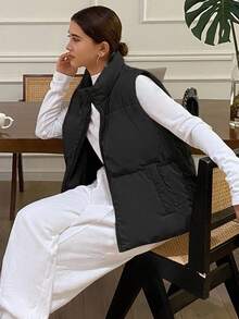 DAZY 女士纯色前拉链无袖休闲棉服外套，冬季女装，棉服外套女式夹克 - 黑色 - 查看 2