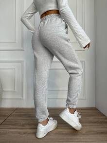 SHEIN Plus Size Cotton Ladies' Drawstring Waist Solid Grey Color Long Jogging Pants - Light Grey - View 2