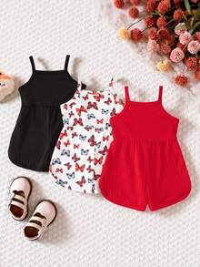 SHEIN Playful Pals 3pcs Baby Girl Summer Set: Solid Color Ribbed Romper With Butterfly Print & 3D Bow Accent, Casual & Minimalist Style - Multicolor - View 2