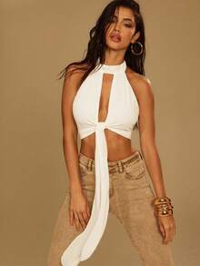 Denimoi Top halter con cuello alto, recorte y abierto en la espalda con anilla - Blanco - Ver 5