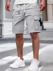 Manfinity Homme Men's Solid Color Elastic Waist Drawstring Pocket Cargo Shorts - Light Grey - View 3