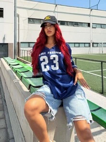 Bearsaez Shorts de mezclilla casuales simples con bolsillo delantero y efecto desgastado para mujer - Azul - Ver 1
