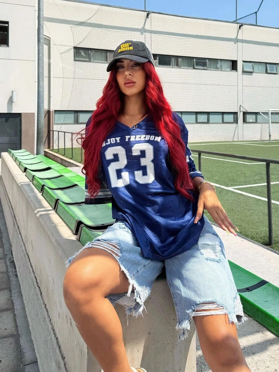 Bearsaez Shorts de mezclilla casuales simples con bolsillo delantero y efecto desgastado para mujer - Azul - Ver 1
