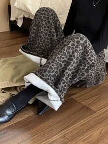 DAZY 女式豹纹直筒牛仔裤，休闲街头风格，保暖内衬 - 彩色 - 查看 3