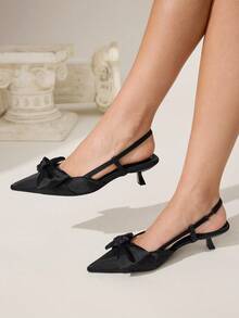 CUCCOO CHICEST 女士秋冬新品尖头小猫跟鞋，搭配超大蝴蝶结，优雅甜美浪漫时尚哥特式黑色缎面高跟凉鞋，适合正式场合、下午茶、约会、派对、婚礼、节日 - 黑色 - 查看 5