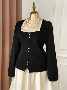 SHEIN Unity Never Out Of Style, Kooky Elegance Collection (Woe Is Me Vibes)(Wednesday Aesthetic) Plus Size Fashionable Elegant Tight Lace Collar Button Black Sweater Winter Fall Autumn - Black - View 8