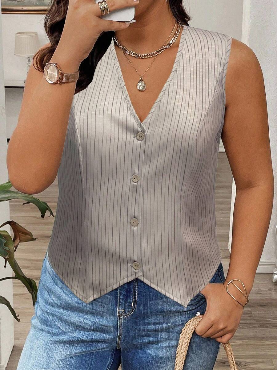SHEIN CURVE+ 加大码 V 领条纹前扣无袖西装外套无袖衬衫灰色条纹上衣纽扣上衣女式上衣灰色衬衫女式 - 彩色 - 查看 1