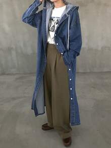 FRIFUL 女式秋季落肩长袖单排扣抽绳连帽长款牛仔夹克