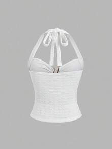 Sweetra 法国甜心女孩吊带系带提花纹理镂空金属装饰褶饰修身女式背心 - 白色 - 查看 2
