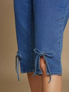 WESTFADE 中腰可爱蝴蝶结前开叉七分牛仔裤，适合女士西部风、秋季、冬季、波西米亚风、纳什维尔乡村音乐会 - 中等水洗藍 - 查看 4