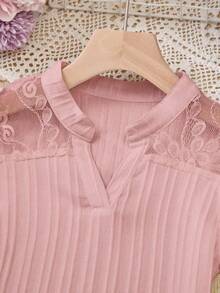 Áo sơ mi đơn giản, thường ngày, ren chắp vá màu trơn cho bé gái tuổi mới lớn, mặc hàng ngày - Hồng - Xem 9