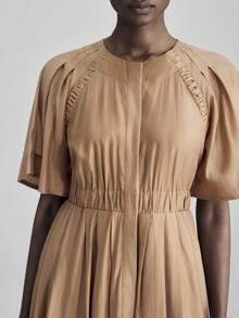 Ontre 女士褶裥插肩袖单排扣口袋休闲连衣裙，适合都市商务休闲、海滩、音乐节、万圣节、圣诞派对、优雅圣诞装扮、秋冬新年服装 - 棕色 - 查看 5