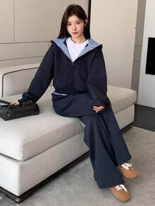 DAZY 女士宽松拉链连帽外套和裤子两件套运动服套装，女士休闲家居服套装 - 藏蓝色 - 查看 6