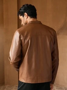 HIMLAND Men's Vintage Stand Collar Leather Jacket, Suitable For Autumn, For Fall Winter