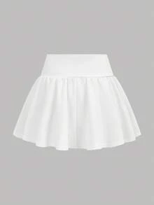 Girlism Teen Girls Solid Color Wide Waistband Ruffle Hem White Mini Skirt,School,Casual Kids Little Skirts - White - View 2