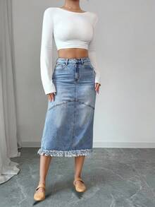 Elenzga Women's Fringed Denim Skirt - Blue - View 5