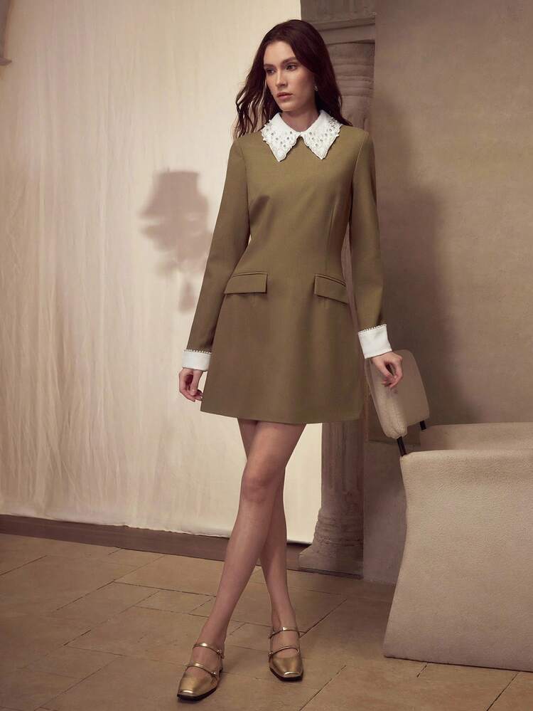 ELEGANT FAUX PEARL & RHINESTONE COLLAR WAIST CINCHED LONG SLEEVE DRESS