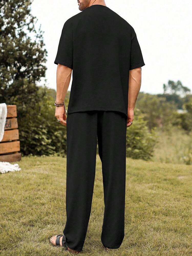 Manfinity Homme 2pcs/Set Casual Vacation Solid Color Loose Comfortable Short Sleeve V-Neck T-Shirt And Pants Set Men Clothes Men Shirt Cords Casual Two Pieces Set Men, Cozy Outfits - Black - View 2