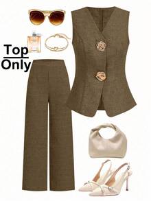 Ellevyn 女式无袖金属玫瑰纽扣衬衫，法式风格，休闲办公装，高端夏季衬衫 - 棕色 - 查看 1