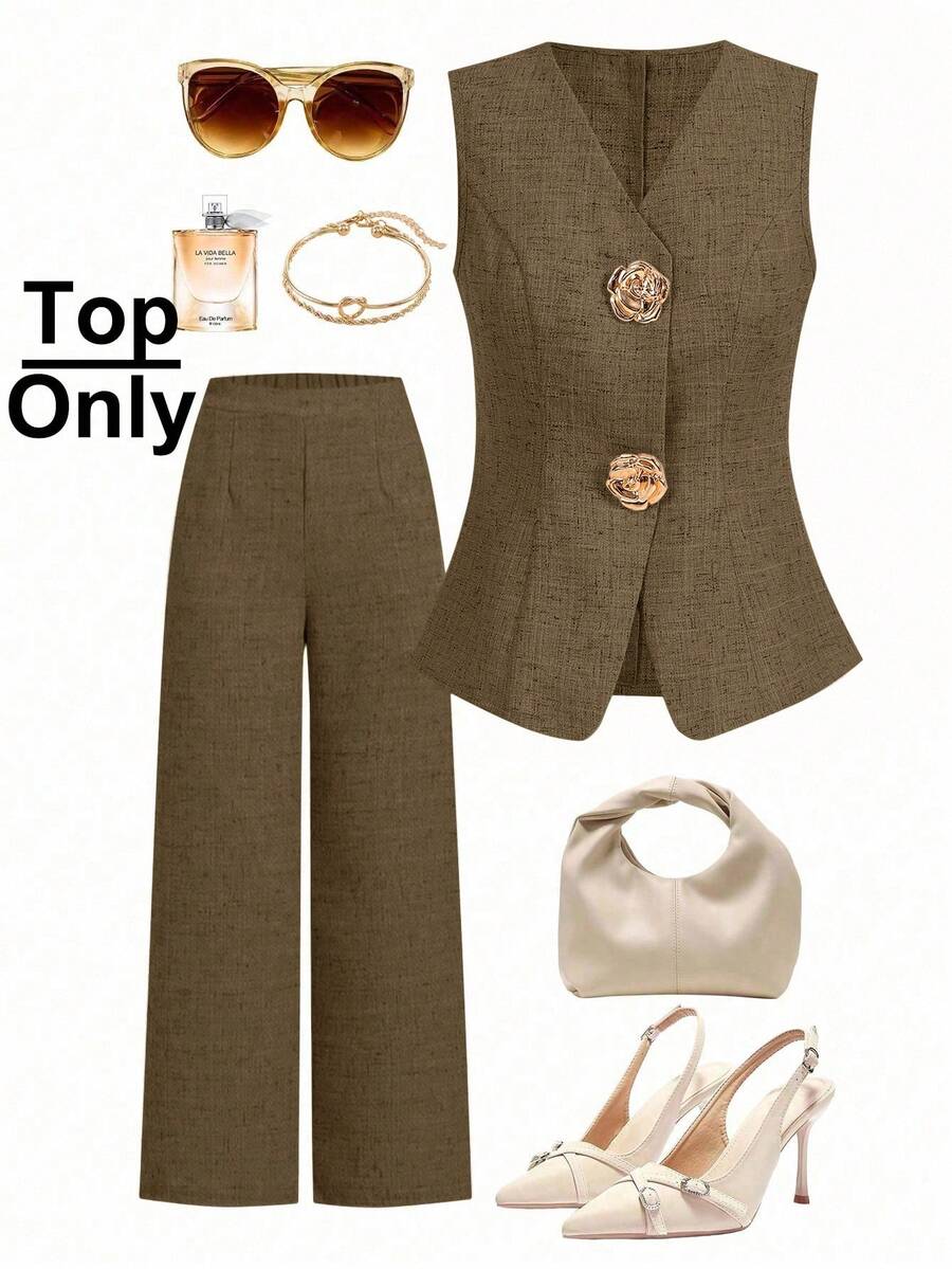 Ellevyn 女式无袖金属玫瑰纽扣衬衫，法式风格，休闲办公装，高端夏季衬衫 - 棕色 - 查看 1