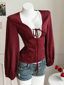 Comfortcana Women's Deep V-Neck Lace Collar Red Striped Women's Casual Shirt Going Out Tops For Women - Burgundy - View 7