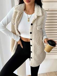 SHEIN PETITE 1pc Women Solid Color Button Front Sleeveless Pocket Casual Tank Top, Daily Wear Teddy Vest In Fall/Winter