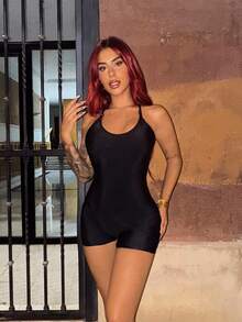 Bearsaez Women Beach Summer Outfits Solid Color Crisscross Backless Spaghetti Strap One Piece Swimsuit - Black - View 5