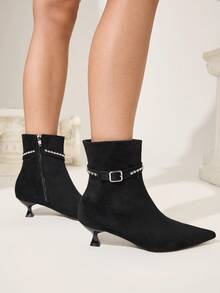 CUCCOO CHICEST Giày bốt cao đến bắp chân bằng da lộn màu đen, khóa cài thanh lịch, đính đá thời trang dành cho nữ, đa năng - màu đen - Xem 7