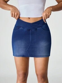 Flexra Women's Asymmetric Waist Bodycon Stretch Denim Mini Skirt - Blue - View 6