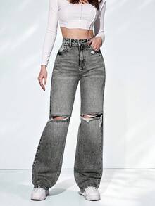 SHEIN ICON High Waist Ripped Straight Leg Jeans - Light Grey - View 2