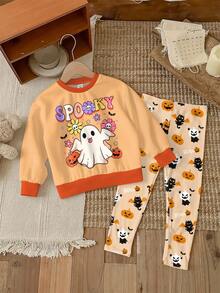 SHEIN Conjunto de sudadera y leggings con estampados de Halloween de 2 piezas para niñas, con diseños lindos de fantasma, calavera, araña, calabaza y murciélago, adecuado para otoño/invierno, disfraz de Halloween