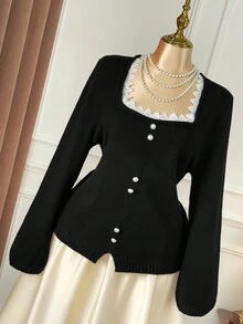 SHEIN Unity Never Out Of Style, Kooky Elegance Collection (Woe Is Me Vibes)(Wednesday Aesthetic) Plus Size Fashionable Elegant Tight Lace Collar Button Black Sweater Winter Fall Autumn - Black - View 6