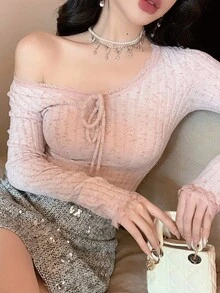 DAZY 粉色条纹纹理磨毛上衣，V领蕾丝拼接抽绳系带，优雅适合派对、婚礼等场合，长袖，秋冬季穿着。 - 粉色 - 查看 8