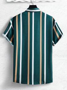 Manfinity Homme 男士隨機條紋印花襯衫（不帶內搭T恤），短袖鈕扣拼接假兩件式假日休閒襯衫，適用於男友禮物