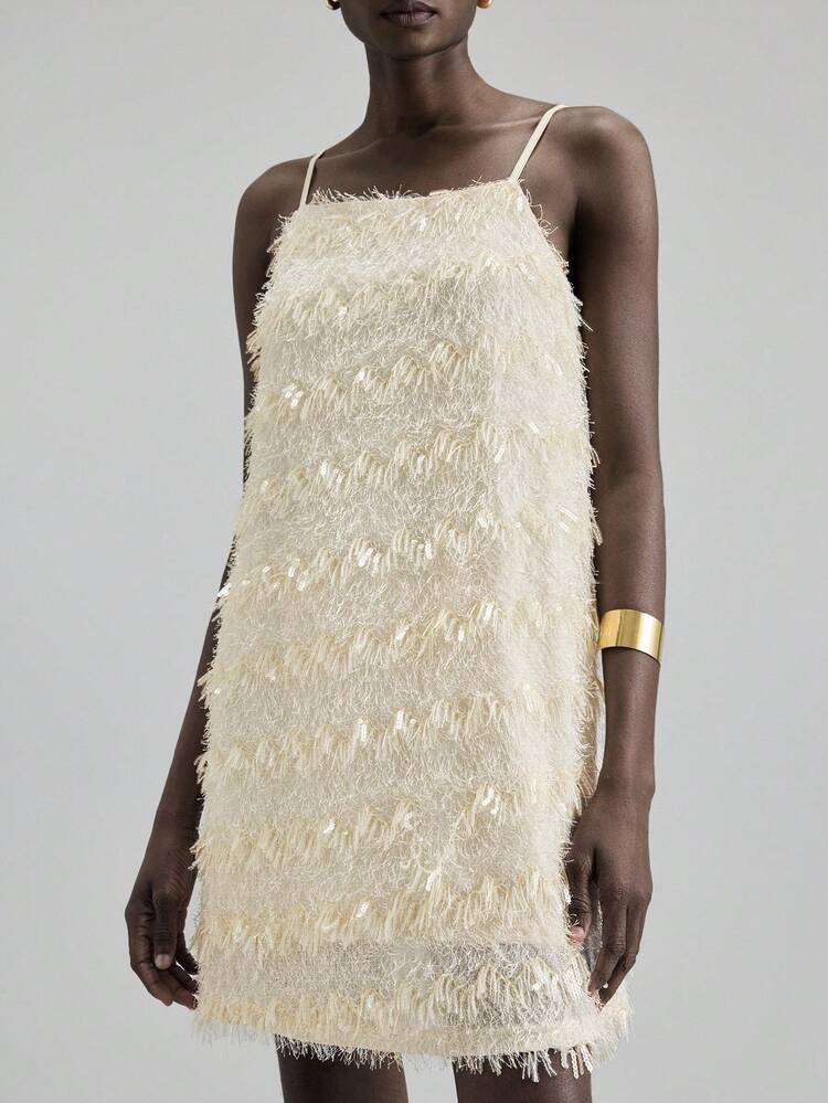 2025 Fluffy Sequin Mini Dress, Suitable For 5-15°C, Elegant For Daily Gatherings, Afternoon Tea, Apricot Color Commuter, Everyday Wear, Autumn, Versatile